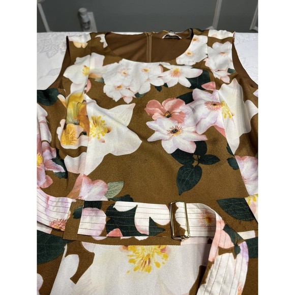 NWT - Calvin Klein Brown Floral Belted Handkerchief Hemline Dress Sz 14 - Picture 3 of 14